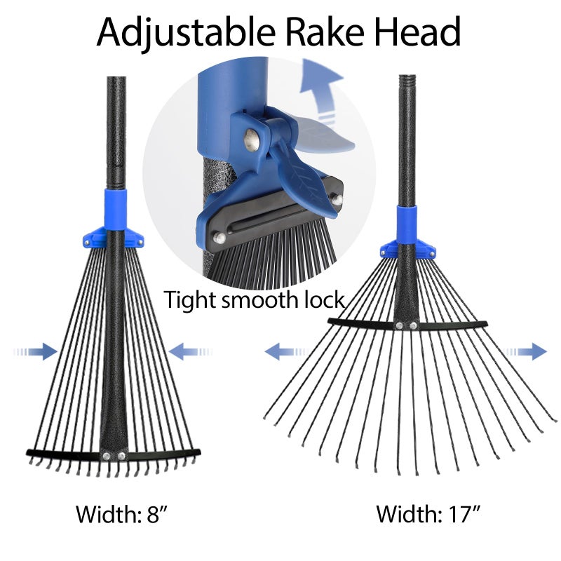 Oliynedy Adjustable Metal Leaf Rake Long Handle, Garden Rakes for Lawns Heavy Duty Leaves with Expandable Head 8-17", Yard Women Kids Rake for Gardening RV Camping - Image 2