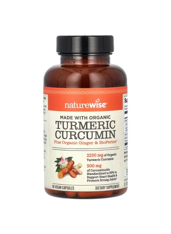 NatureWise Organic Turmeric Curcumin with Organic Ginger & BioPerine, 2250mg Turmeric, 500mg Curcuminoids (95%), Supports Heart Health & Joint Strength – 90 Vegan Capsules - Image 1