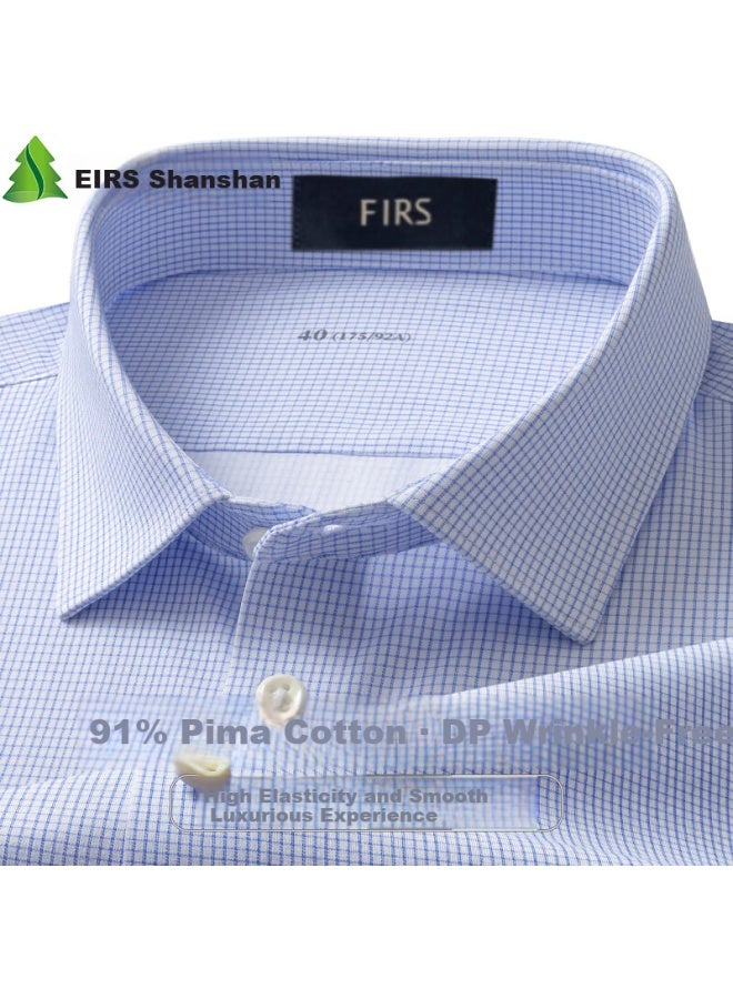 Shanshan High Elasticity Men's Long Sleeve Casual Business Shirt Blue Small Check 42