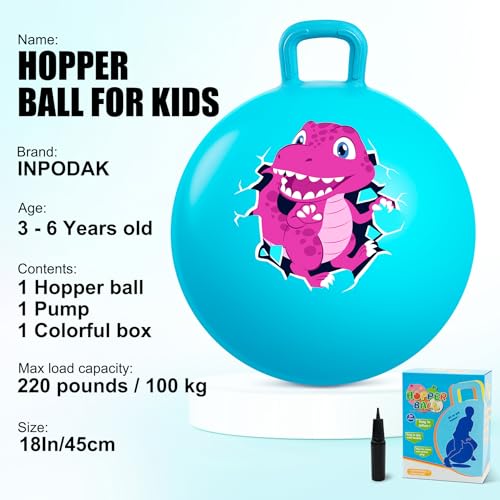 INPODAK Hopper Ball 18 Inch Bouncy Ball with Handle for Kids Hippity Hop Jumping Bounce Hopping Toy for Boys Girls Ages 36 Includes Pump and Gift Box Great Gift for Birthday Blue - Image 5