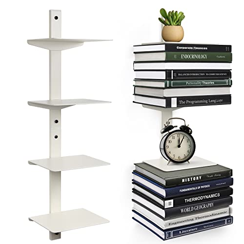 ART-GIFTREE Floating Book Shelves for Wall, 4 Tier Invisible Floating Bookshelf, Vertical Spine Book Tower, Wall Mounted & Space Saving, Heavy Duty Metal Book Organizer for Home Office, 2 Pack White - Image 1