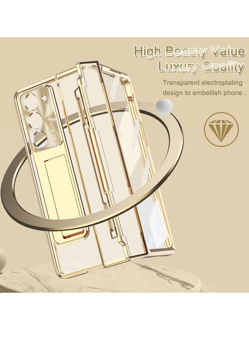 KASTWAVE 4-in-1 Hinge Clear Protective Case for Samsung Z Fold 5 with Kickstand. Stylish Gold Case for Galaxy Z Fold 5 and Galaxy Z Fold 5 5G - Image 5