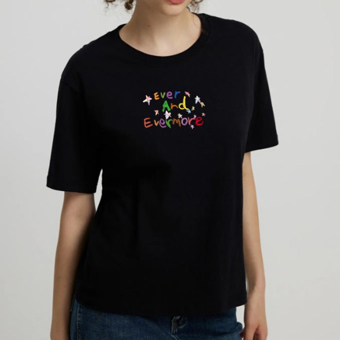 Back Bag Collar Loose Short-sleeved T-shirt Women's All-match Printed Round Neck Top T-shirt Trendy - Image 1
