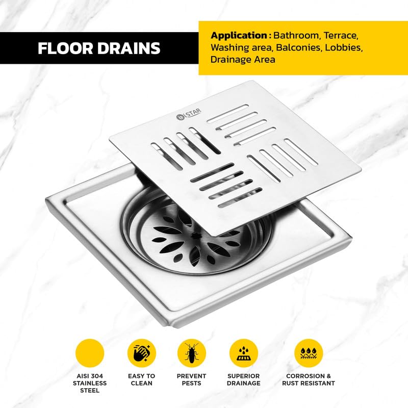 iSTAR 304 Grade Stainless Steel Square Floor Drain | Anti-Clogging Hair Stopper Jali with Cockroach Trap | Flat Cut Floor Drainer for Bathroom, Kitchen, Washing Area, Balcony (Chrome Finish, 5X5 inch) - Image 3