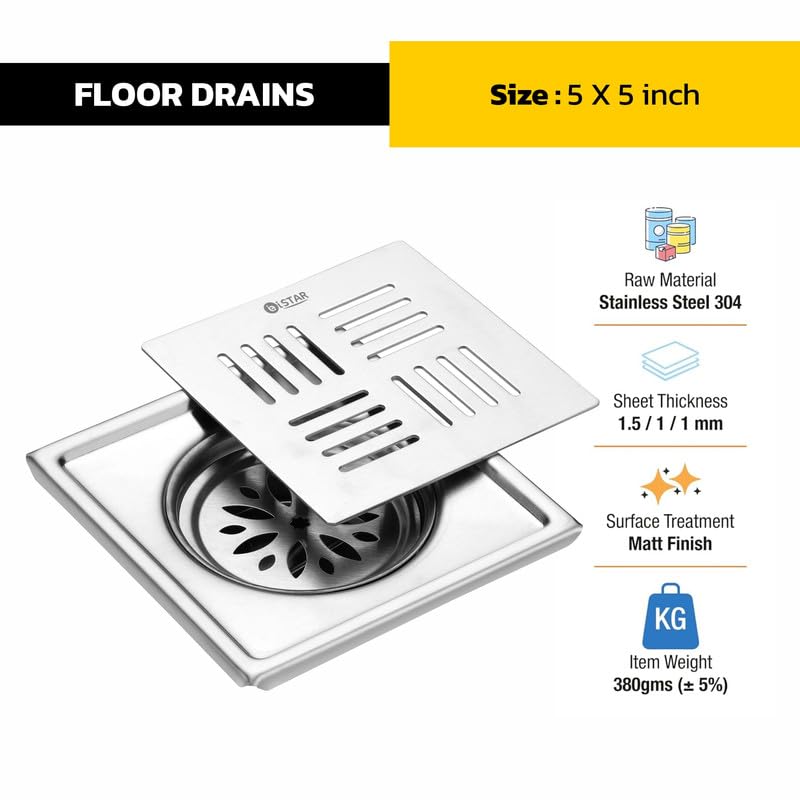 iSTAR 304 Grade Stainless Steel Square Floor Drain | Anti-Clogging Hair Stopper Jali with Cockroach Trap | Flat Cut Floor Drainer for Bathroom, Kitchen, Washing Area, Balcony (Chrome Finish, 5X5 inch) - Image 4