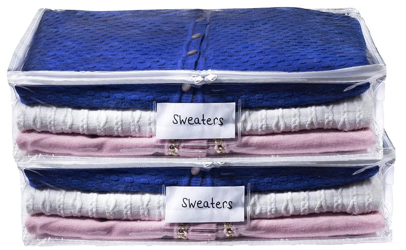 Masirs Clear Sweater Storage Bags 2Pack Durable Vinyl Shields Contents from Dust Dirt and Moisture EasyGlide Zipper Label Pocket for Convenient Access and Organization  - Image 1