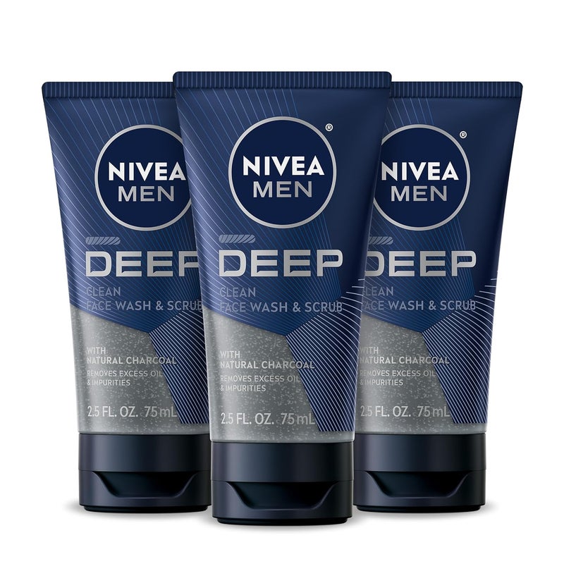 NIVEA MEN غسول وجه نيفيا للرجال للتنظيف العميق ومقشر بالفحم الطبيعي 25 أونصة سائلة عبوة من 3