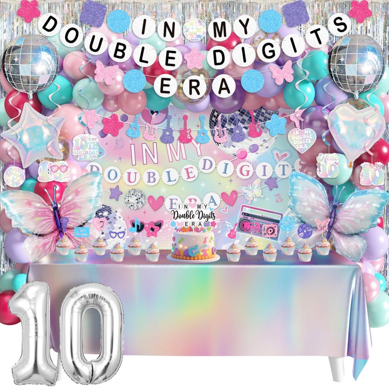 THAWAY 10th Birthday Decorations for Girls, Double Digits Birthday Girl Party Decor, In My Double Digits Era Party Supplies with Pink Purple Balloon Arch Friendship Bracelet Banner Backdrop Hanging Swirls - Image 1