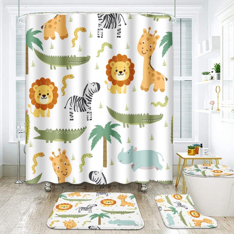مجموعة حمام آرت سوكيت الظريفة من فرس النهر والتماسيح مع ستارة دش وسجاد ملحقات أسد وفيل وزرافة مجموعة ستارة دش ملونة للأطفال 4 قطع