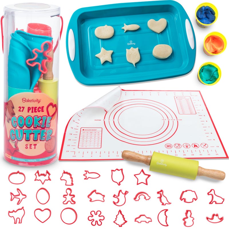 Baketivity Cookie Cutter Set for Kids 24 Assorted Cookie Cutters of Basic Shapes Seasonal and Holiday Themes with Rolling Pin Silicone Baking Pan and NonStick Baking Mat BPAFree Ages 4 - Image 2