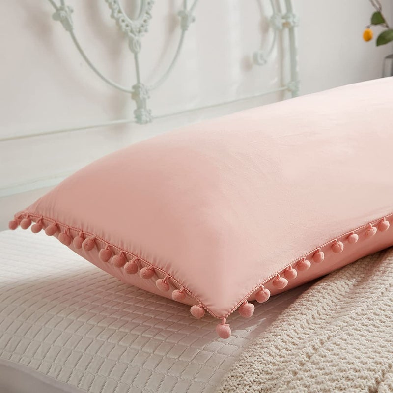 MOVE OVER Pink Body Pillow Cover Cute Pink Pom Pom Body Pillow Cover Soft Washed Microfiber Boho Chic Body Pillow Cover with Pocket Closure Girly Blush Pink Body Pillow Case for Bedroom