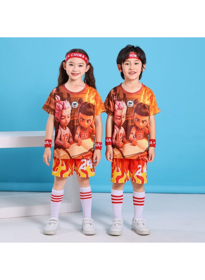 National Fashion New Children's Basketball Suit Suit Primary School Students Performance Training Compeion Team Uniform Cartoon Nezha Series Short Sleeve