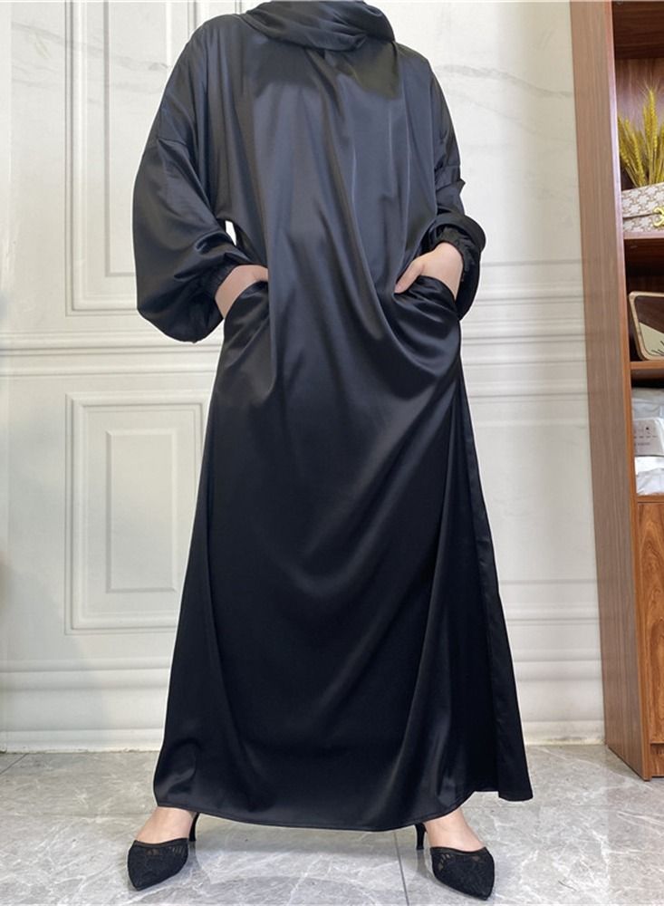 Loquat Satin Side Pocket Dress With Hijab Abaya Black 