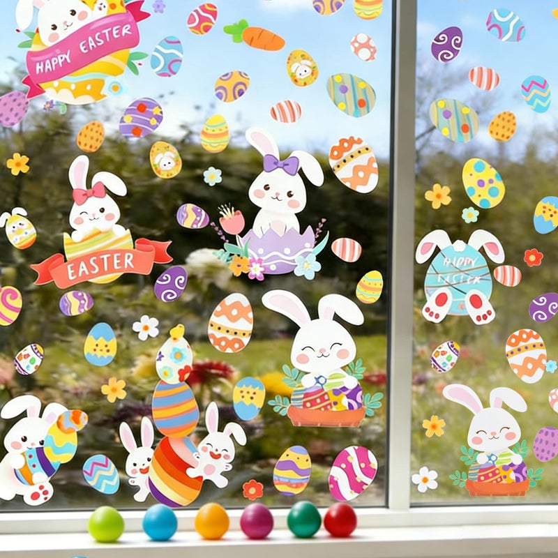 DealBeta Easter Window Clings,9 Sheets Easter Bunny Egg Tree Chick Window Cling Multicolor Decorations for Glass Spring Window Clings Decal - Image 1