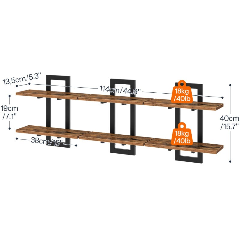 HOOBRO Floating Shelves, 15 Inch Wall Shelf Set of 3, Wall Mounted Storage Shelves 2-Tier, Hanging Bathroom Shelves, for Living Room, Bedroom, Bathroom, Kitchen, Rustic Brown and Black BF32BJP301 - Image 3