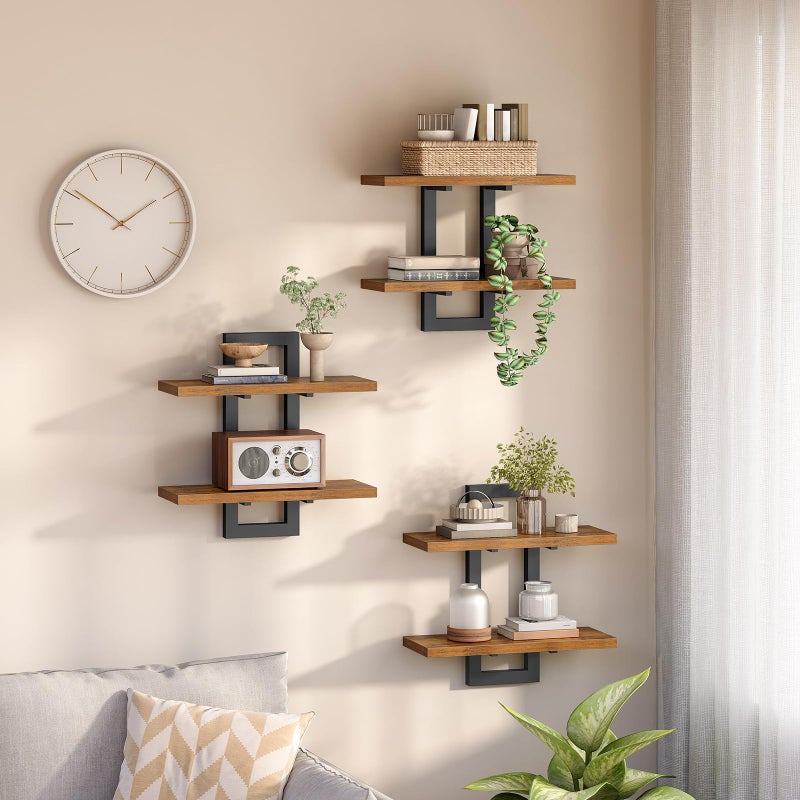 HOOBRO Floating Shelves, 15 Inch Wall Shelf Set of 3, Wall Mounted Storage Shelves 2-Tier, Hanging Bathroom Shelves, for Living Room, Bedroom, Bathroom, Kitchen, Rustic Brown and Black BF32BJP301 - Image 1