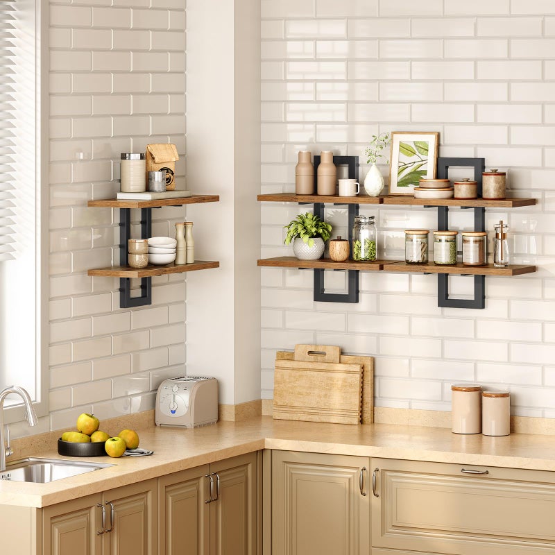 HOOBRO Floating Shelves, 15 Inch Wall Shelf Set of 3, Wall Mounted Storage Shelves 2-Tier, Hanging Bathroom Shelves, for Living Room, Bedroom, Bathroom, Kitchen, Rustic Brown and Black BF32BJP301 - Image 4