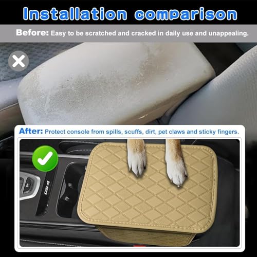 Eliane Car Center Console Armrest Cover Pad Fashion PU Leather Car Armrest Cushion Fit for SUV, Auto Armrest Seat Box Cover with 2 Mobile Pockets, Ergonomic Comfort & Easy Install (Beige) - Image 3