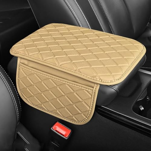 Eliane Car Center Console Armrest Cover Pad Fashion PU Leather Car Armrest Cushion Fit for SUV, Auto Armrest Seat Box Cover with 2 Mobile Pockets, Ergonomic Comfort & Easy Install (Beige) - Image 1