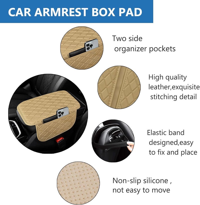 Eliane Car Center Console Armrest Cover Pad Fashion PU Leather Car Armrest Cushion Fit for SUV, Auto Armrest Seat Box Cover with 2 Mobile Pockets, Ergonomic Comfort & Easy Install (Beige) - Image 4