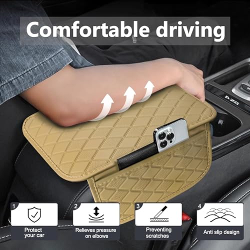 Eliane Car Center Console Armrest Cover Pad Fashion PU Leather Car Armrest Cushion Fit for SUV, Auto Armrest Seat Box Cover with 2 Mobile Pockets, Ergonomic Comfort & Easy Install (Beige) - Image 2