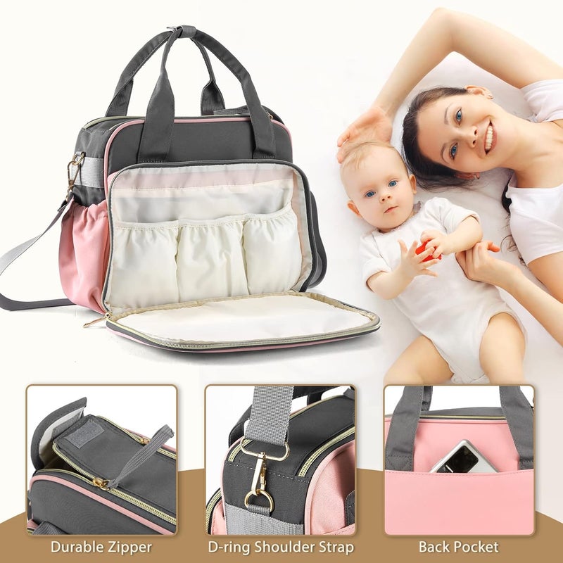 GOGOSO Crossbody Small Diaper Bag, Cute Mini Baby Diaper Tote Bags with Insulated Pockets for Traveling Outdoor Parent, Pink & Gray - Image 2