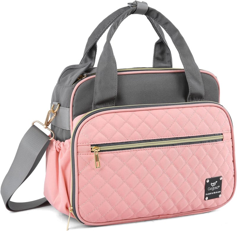 GOGOSO Crossbody Small Diaper Bag, Cute Mini Baby Diaper Tote Bags with Insulated Pockets for Traveling Outdoor Parent, Pink & Gray - Image 1
