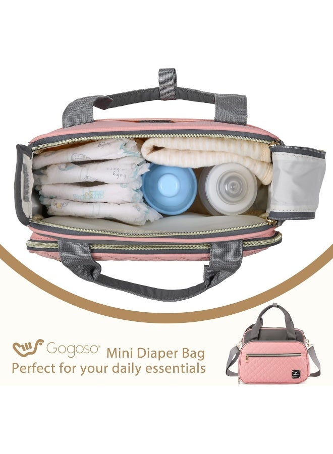 GOGOSO Crossbody Small Diaper Bag, Cute Mini Baby Diaper Tote Bags with Insulated Pockets for Traveling Outdoor Parent, Pink & Gray - Image 4