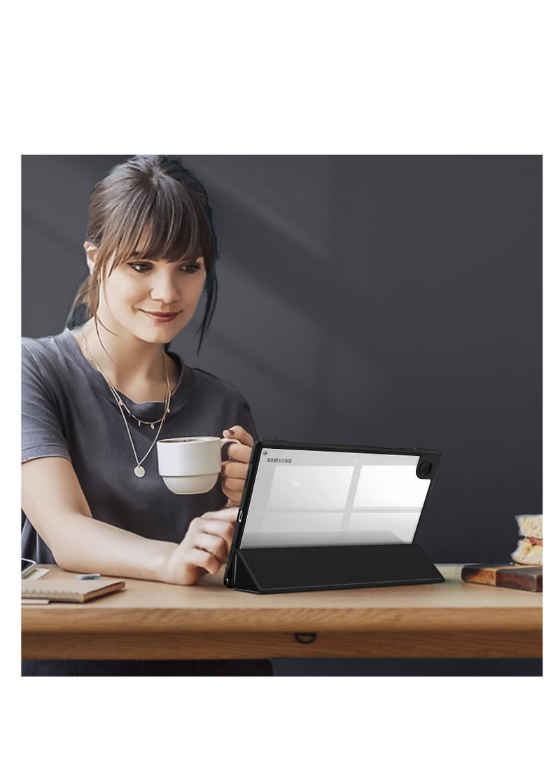 حافظة سامسونج جالاكسي تاب A8 مقاس 10.5 بوصة (SM X200/X205/X207) غطاء خلفي شفاف مضاد للصدمات حامل أقلام مدمج خاصية النوم/الاستيقاظ التلقائي (أسود) - Image 2