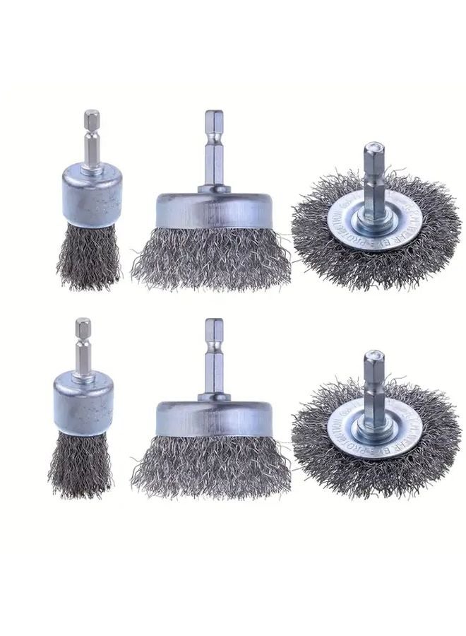 6pcs Steel Wire Brush Wheel Cup Set With 1 4 Inch Hex Shank For Rust Removal - Image 1