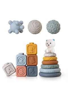 Infant Hand Ball Toy Soft Rubber Square Building Block Stacking Ring Baby Pinch Hand Ball Stacking Toy-Color:White Bear Cube Jenga Shape Ball Set (16pcs) Boxed