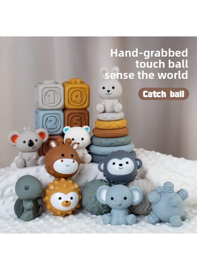 Generic - Infant Hand Ball Toy Soft Rubber Square Building Block Stacking Ring Baby Pinch Hand Ball Stacking Toy-Color:White Bear Cube Jenga Shape Ball Set (16pcs) Boxed - Image 1