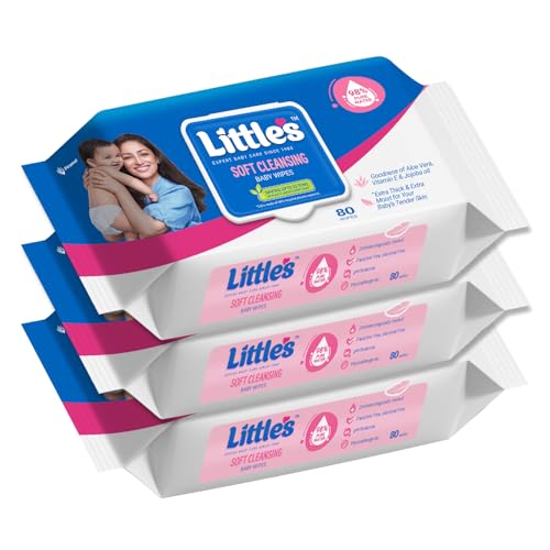 Little's مناديل ليتل الناعمة لتنظيف الأطفال مع غطاء | 80 مناديل × عبوة من 3 - 240 مناديل | مناديل مبللة سميكة ورطبة للأطفال | تمنع الطفح الجلدي والاحمرار مع فوائد الألوة فيرا، فيتامين E وزيت الجوجوبا - Image 1