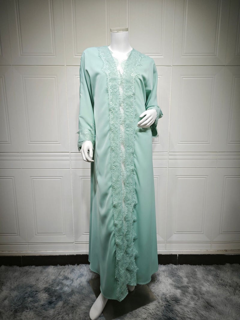 Women's Light Green Lace Patchwork Modest Kaftan Dress - Image 1