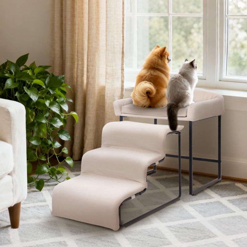 FKSLIFE Dog Window Perch with Stairs,Pet Steps for Small Dogs &Cat,Pet Bunk Bed Dog Steps with Seat Elevated Platform Bed Indoor Dogs Ramp Ladder with Foam Upholstery - Image 1