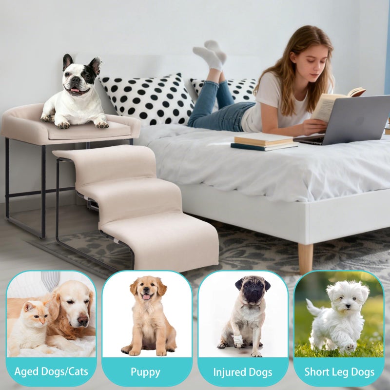 FKSLIFE Dog Window Perch with Stairs,Pet Steps for Small Dogs &Cat,Pet Bunk Bed Dog Steps with Seat Elevated Platform Bed Indoor Dogs Ramp Ladder with Foam Upholstery - Image 2