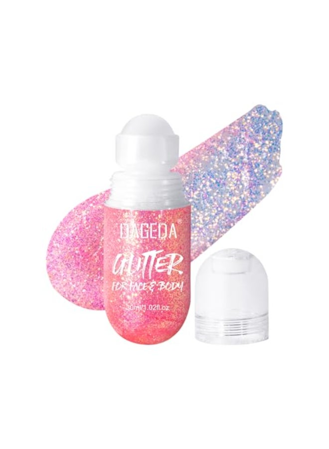 DAGEDA Body Glitter Gel Rollon Face Glitter for Mermaid Makeup Festival Rave Accessories Holographic Hair Glitter GelBody Shimmer Halloween Makeup for Rave Party Pink - Image 1