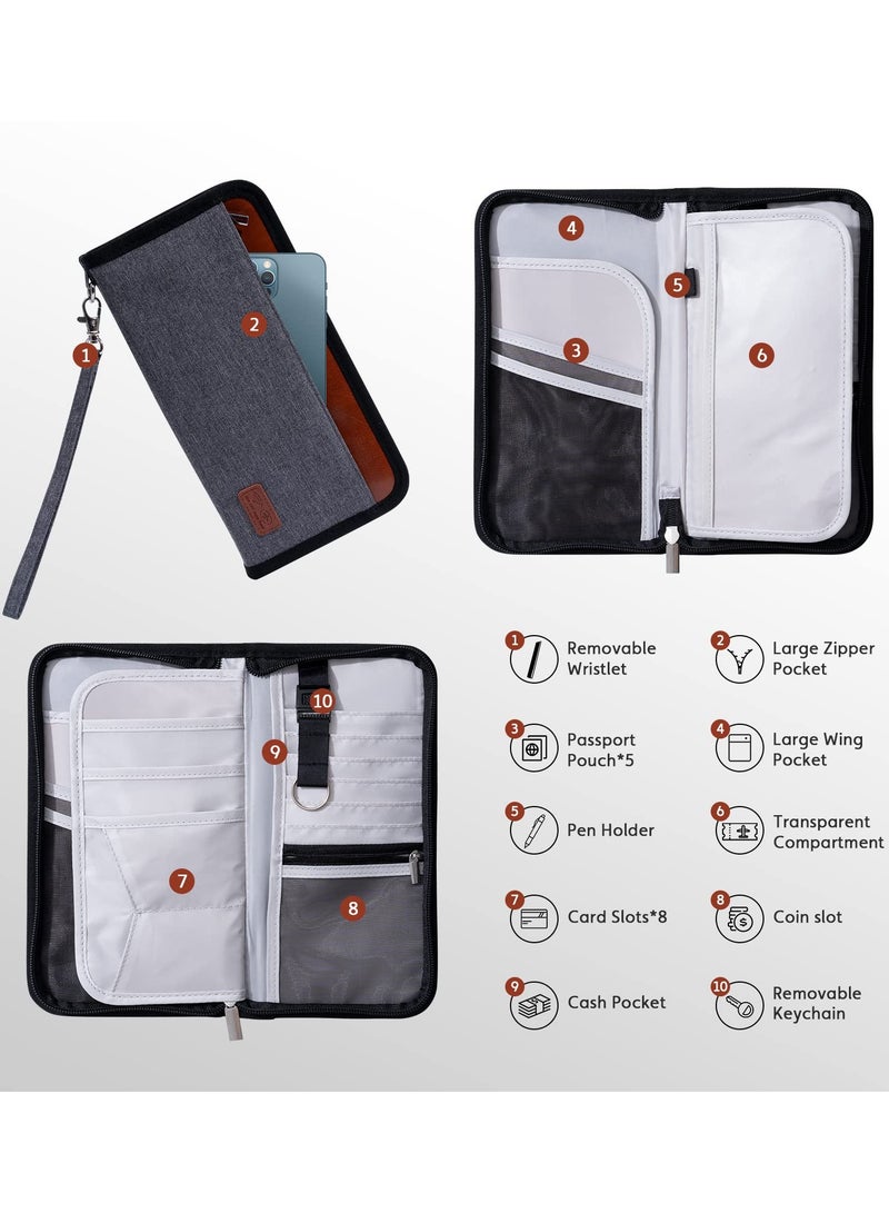 Zikra Travel Wallet and Family Passport Holder Organizer with RFID Blocking, Zippered Compartment for ID, Money, Tickets, and Luggage Tag - Durable Materials (Gray) - Image 3