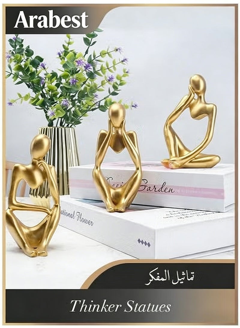 عربست ديكور تمثال ذهبي مكون من 3 قطع، منحوتة فنية تجريدية من الراتنج للمفكر، مناسبة للمنزل، غرفة المعيشة، ديكور المكتب - Image 1