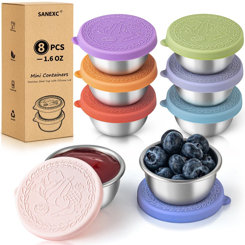 SANEXC 8 Pack - 1.6 Oz Small Salad Dressing Containers To Go, Leakproof Condiment Containers with Lids Reusable Stainless Steel Sauce Cups for Lunch Boxes Kitchen Storage Picnics Travel Meal Prep - Image 1