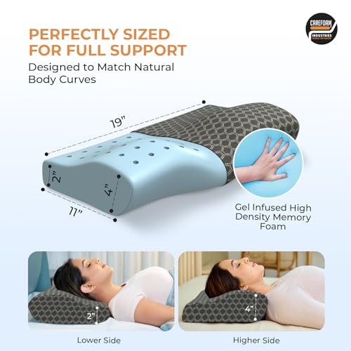 CareFoam Cooling Gel Memory Foam Cervical Neck Pillow | 2 Years Warranty | Pain Relief Sleep, Improves Posture Spinal Alignment, Neck Pain Relief |19 x 12 x 4 Inch| Black Jacquard Cover | Pack of 1 - Image 3