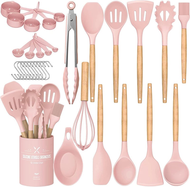 Umite Chef Silicone Kitchen Utensils Set 33 Piece NonStick Kitchen Utensils with Stand Wooden Handle Pink