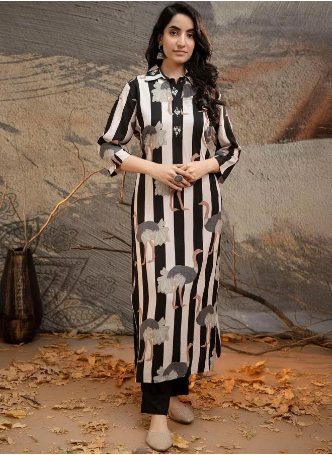 ISHIN Black Women Black Rayon Kurta Set with Embroidered pattern Tunic and Palazzo features a Round neckline and Three-Fourth Sleeve secured with Elastic closure and styled in Straight Fit ideal for Festive moments — perfect for fashion-forward occasions.
