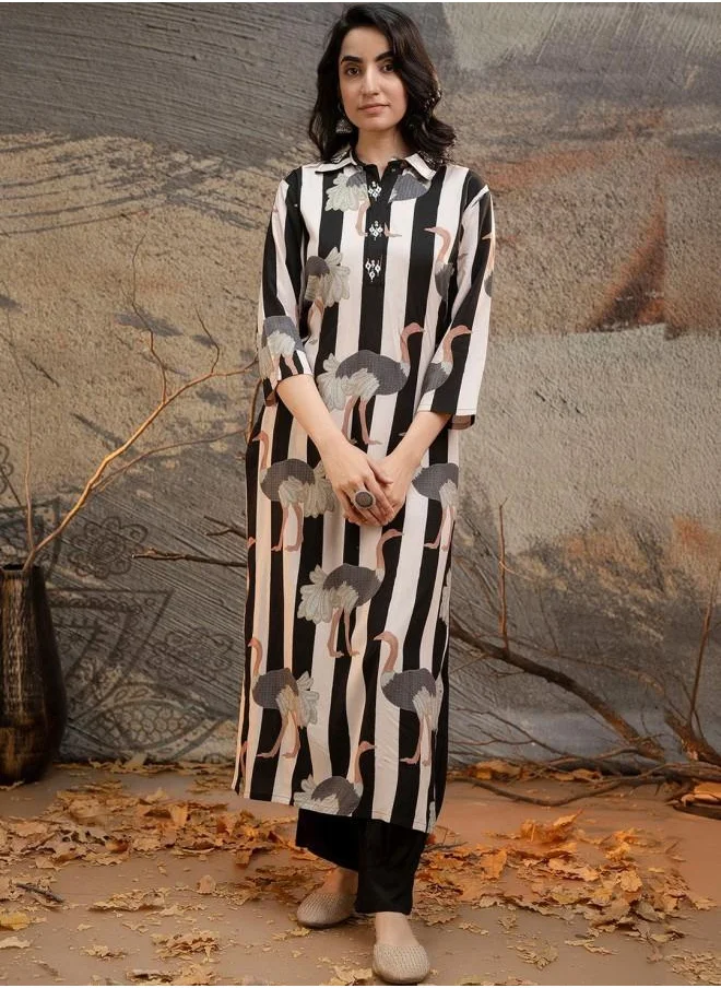 ISHIN Black Women Black Rayon Kurta Set with Embroidered pattern Tunic and Palazzo features a Round neckline and Three-Fourth Sleeve secured with Elastic closure and styled in Straight Fit ideal for Festive moments — perfect for fashion-forward occasions.