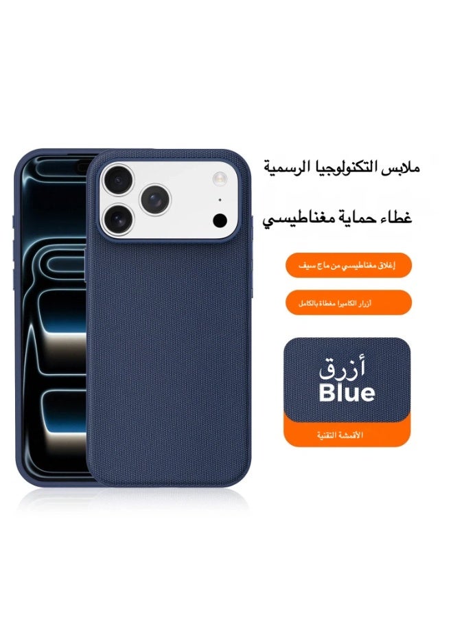 موكوفو غطاء هاتف قماشي مغناطيسي مضاد للصدمات لآيفون 17 برو ماكس، غطاء واقي ملمس مضاد للانزلاق وبصمات الأصابع، غطاء هاتف بحواف ناعمة مرتفعة حول فتحة الكاميرا كاملة ومقاوم للخدوش، اللون أزرق - Image 1