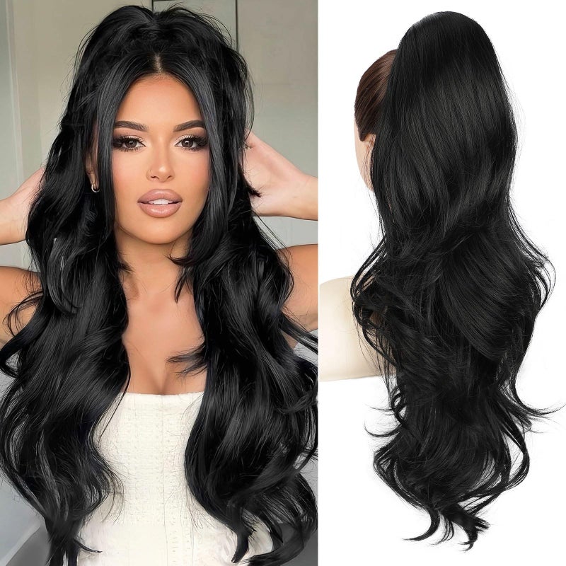 BOGSEA Ponytail Extension 26 Inch Drawstring Ponytail Extension for Women Long Wavy Hair Extensions for Daily Use(1B) - Image 1
