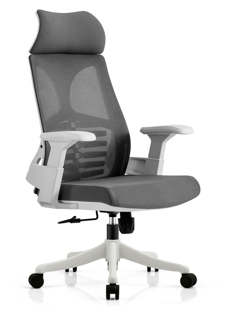 Selene House Comfortable Ergonomic Home Office Desk Chair with Armrest Big Size Seat and Wider Curved Headrest Mesh Strong High Back Support Chair with Sturdy Lumbar Support, Swivel Rotating Computer Chair Grey  - Image 1