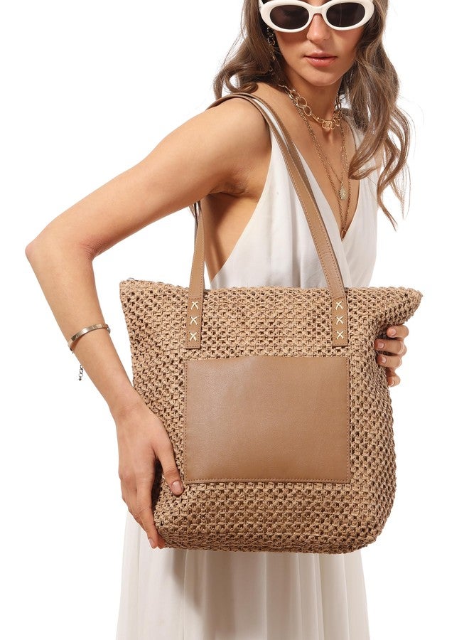 LA CARRIE Straw Beach Tote Bags for Women Summer Woven Shoulder Handbags Purse for Vacation Travel(Khaki) - Image 4