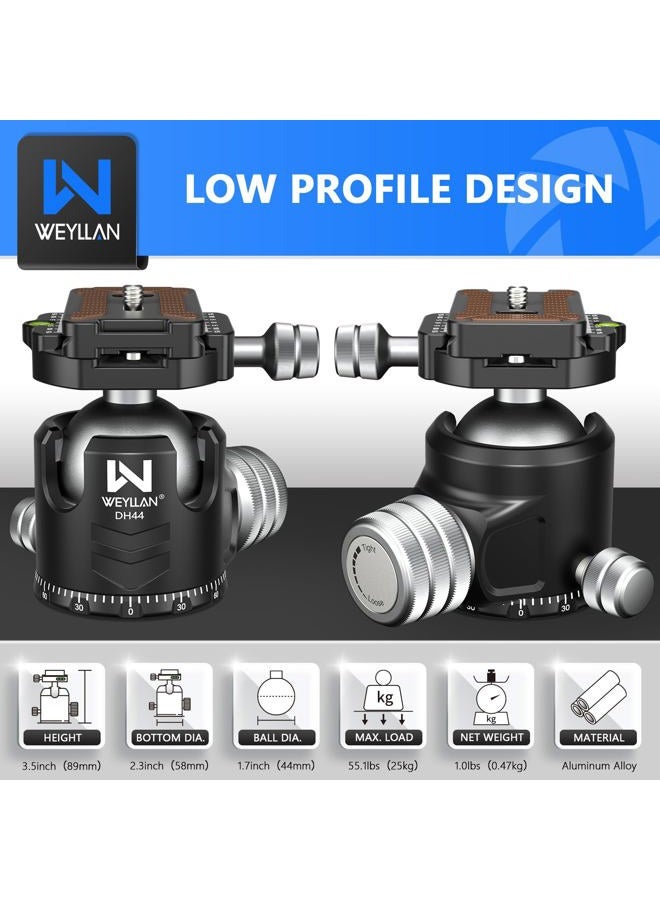 WEYLLAN 44mm Low Profile Ball Head Tripod Head DH44, Metal 360 Degree Panoramic Tripod Camera Ball Head Mount, with Two Quick Release Plates for Tripod Monopod DSLR Camera Max Load 55lbs/25kg - Image 3