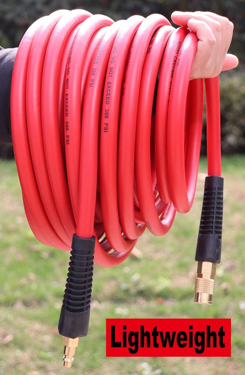 YOTOO Hybrid Air Hose 14Inch by 25Feet 300 PSI Heavy Duty Lightweight Kink Resistant AllWeather Flexibility with 14Inch Industrial Quick Coupler Fittings Bend Restrictors Red - Image 2